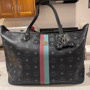 MCM Black Leather Tote Bag with MCM bone Bag Charm